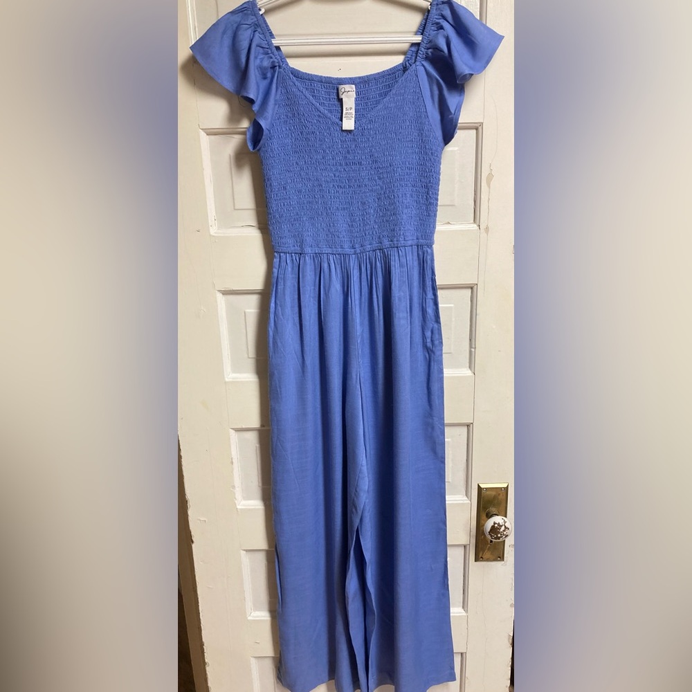 Shirred jumpsuit with flounced sleeves